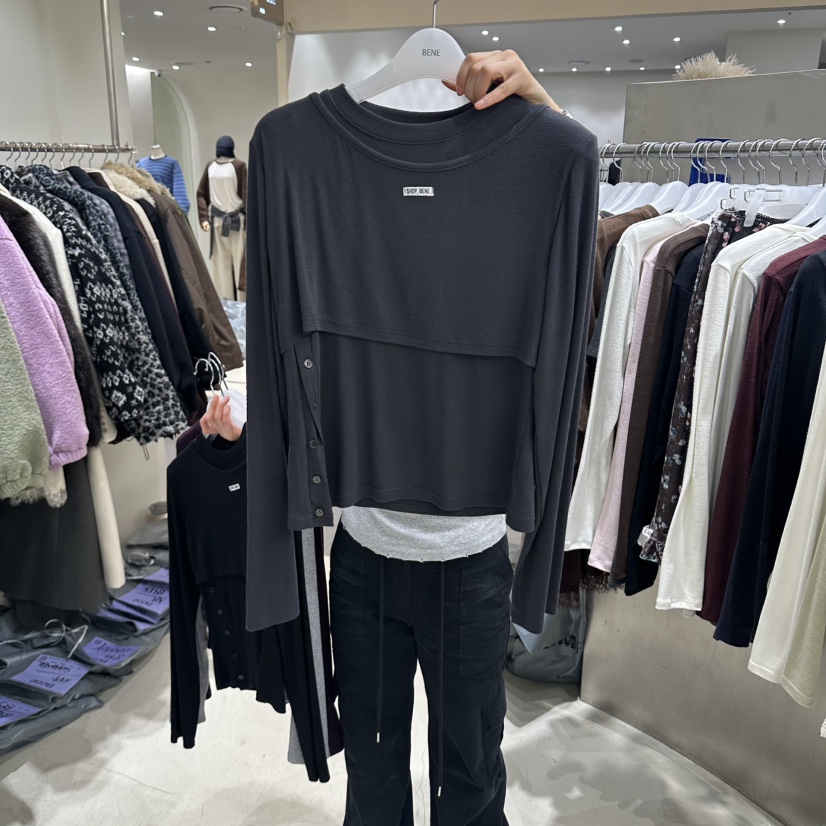 BENE韓國代購女士新品熱賣人氣真品休閑推薦時尚長袖T恤雙層SHOP BENE_Bene長袖T恤圖色2墨色