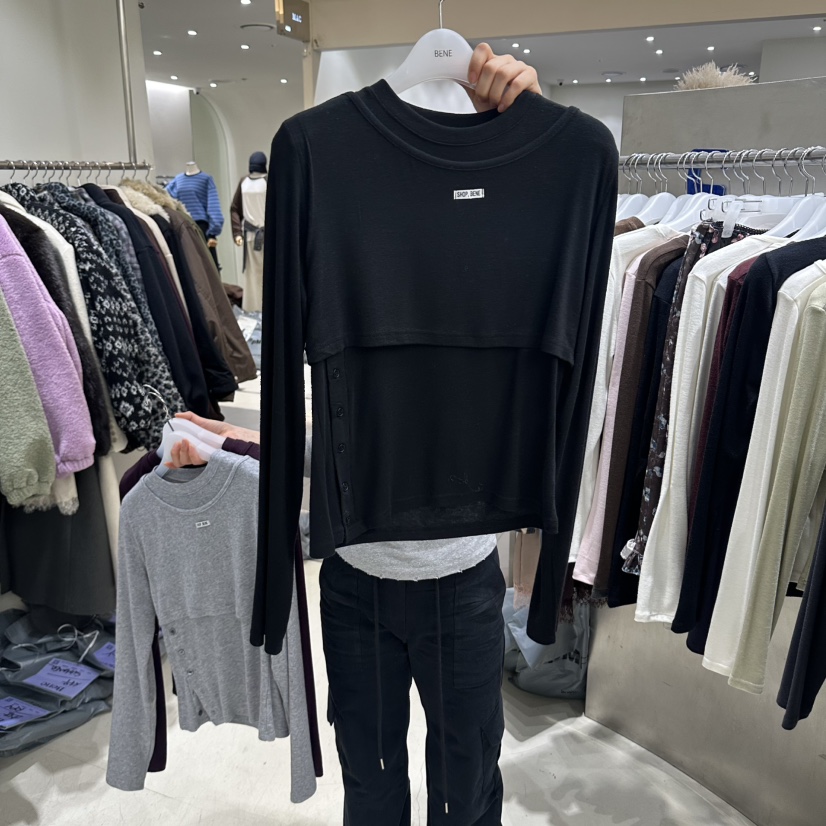 BENE韓國代購女士新品熱賣人氣真品休閑推薦時尚長袖T恤雙層SHOP BENE_Bene長袖T恤圖色3黑色