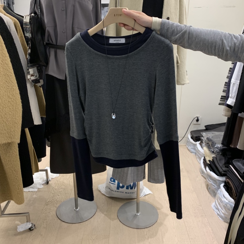 A POINT韓國直郵女士新品真品熱賣時尚推薦長袖T恤假兩件A POINT長袖T恤圖色2
