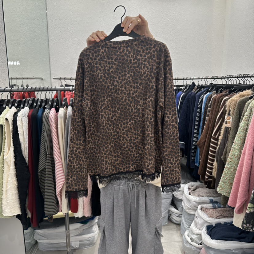 RUNWAY-런웨이韓國直郵女士新品人氣襯衫蕾絲衫豹紋蕾絲RUNWAY襯衫/蕾絲衫