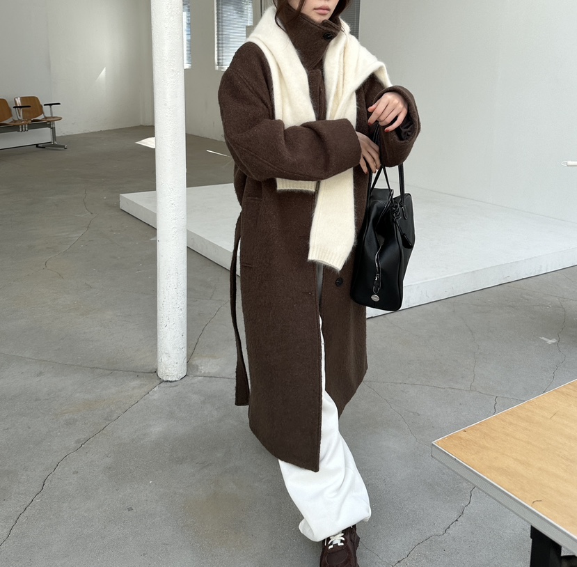 UNBOUND韓國代購女裝新款休閑時尚熱賣中長款大衣含腰帶羊駝UNBOUND中長款大衣