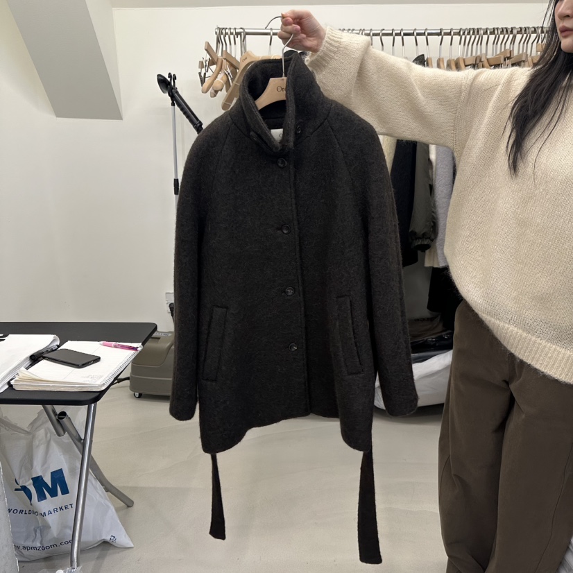 OREE東大門代購女裝新品推薦時尚人氣休閑短款大衣含腰帶Oree短款大衣圖色2棕色