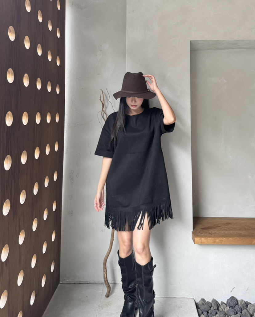 MARIGOLD韓國直郵26秋冬流蘇下擺麂皮絨連衣裙流蘇落肩圓領MARIGOLD連衣裙