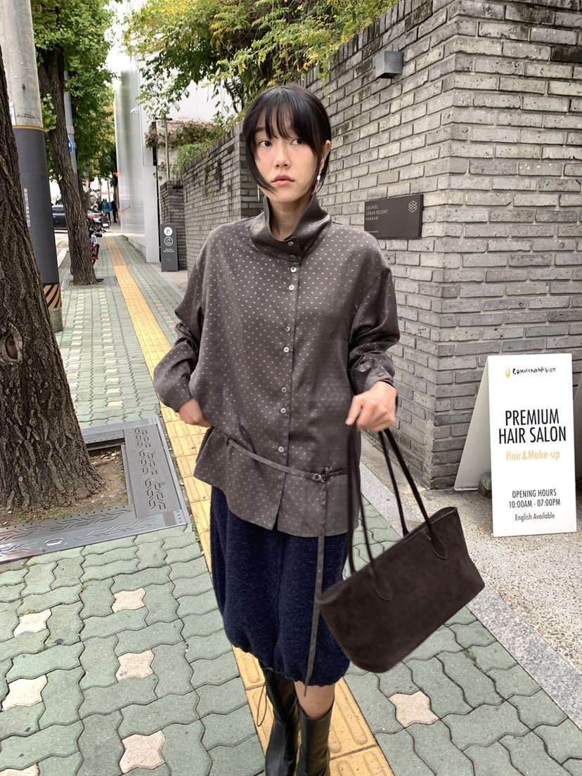 BAKING POWDER韓國直郵26秋冬波點高領收腰襯衫 通勤垂墜感長BAKING POWDER襯衫/蕾絲衫