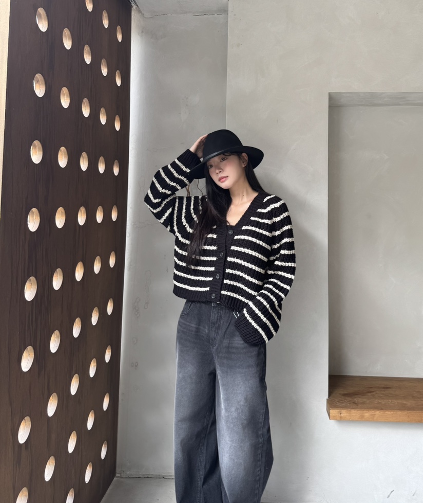 MARIGOLD韓國直郵26秋冬短款條紋針織開衫單排扣V領短款開衫條MARIGOLD開衫