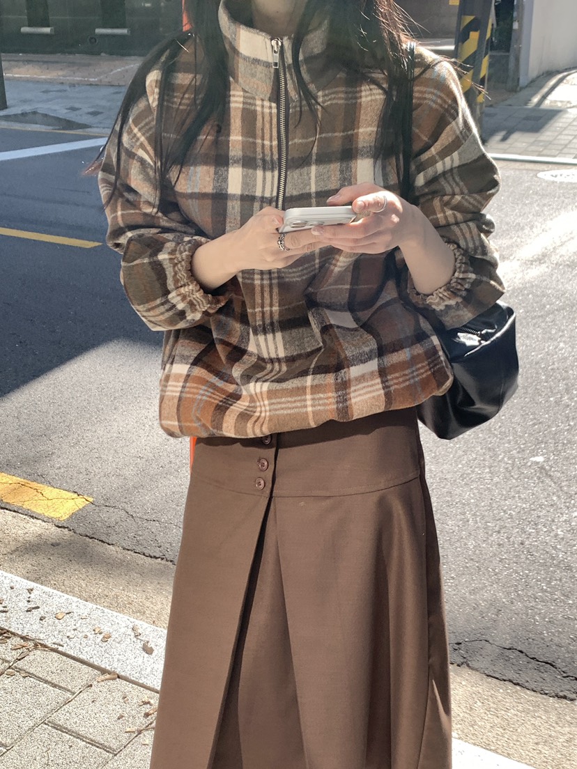 BIEN GARDER韓國代購26秋季半拉鏈格紋衛衣半拉鏈立領格子落肩BIEN GARDER衛衣