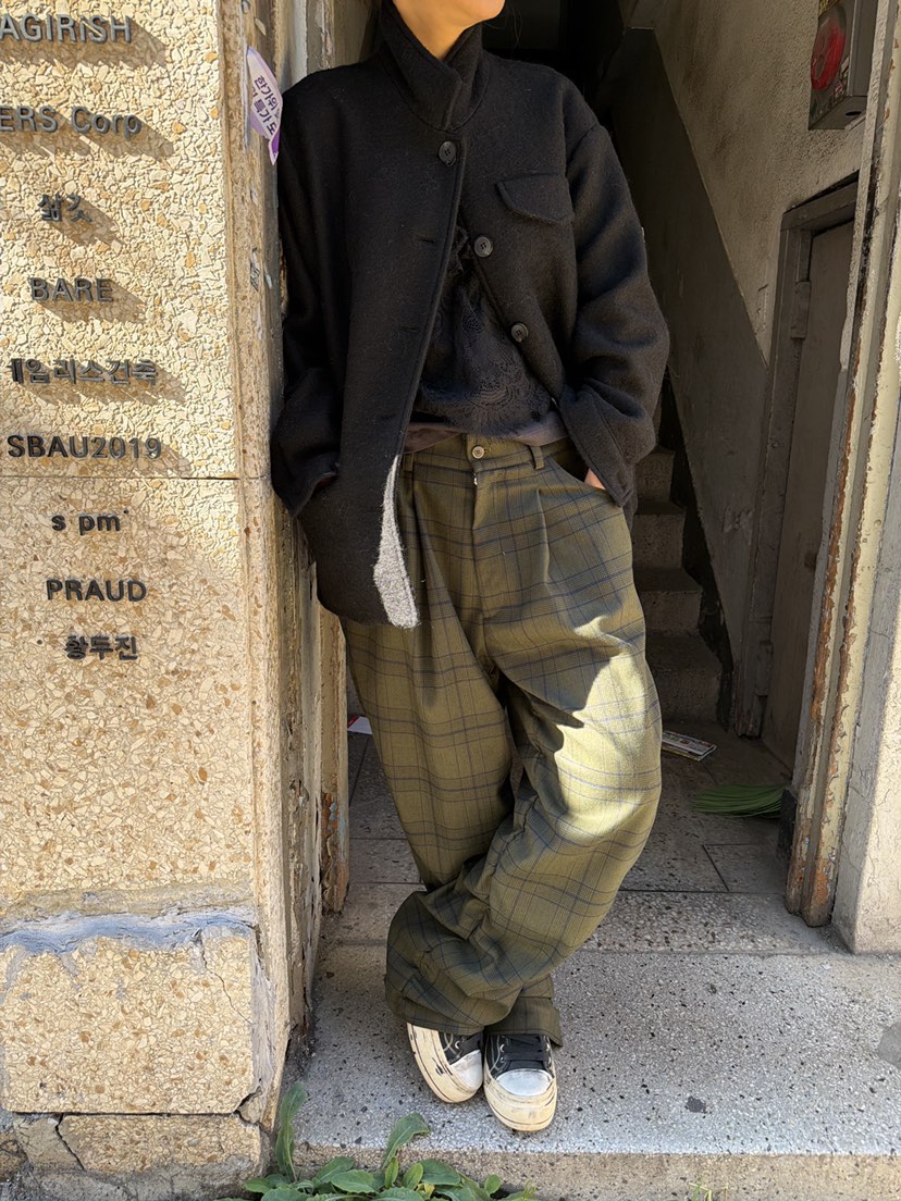 FRANC韓國直郵26秋冬復古格紋闊腿休閑褲高腰褶裥寬松FRANC休閑褲