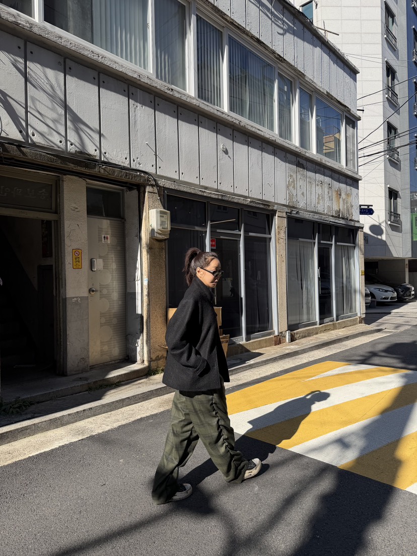FRANC韓國直郵26秋冬復古格紋闊腿休閑褲高腰褶裥寬松FRANC休閑褲