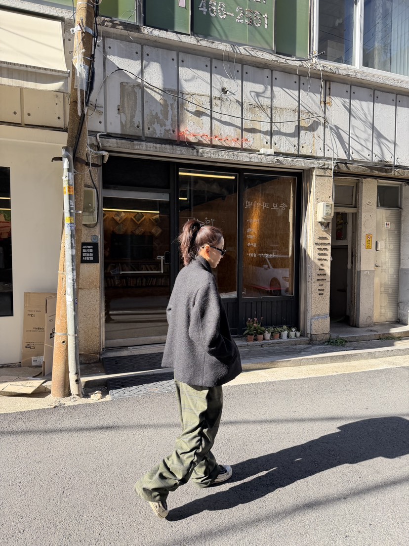 FRANC韓國直郵26秋冬復古格紋闊腿休閑褲高腰褶裥寬松FRANC休閑褲