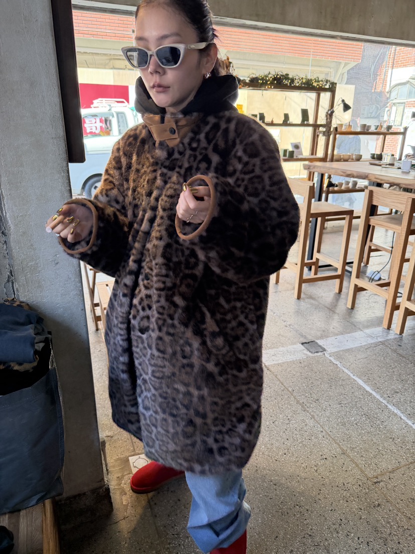 FRANC韓國直郵26秋季復古豹紋毛絨大衣中長款大衣翻領單排扣豹FRANC中長款大衣