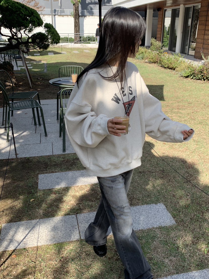 BAKING POWDER東大門代購26秋冬落肩圓領抓絨衛衣字母抓絨落肩BAKING POWDER衛衣