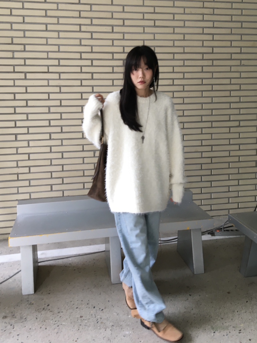 BAKING POWDER韓國代購26秋季寬松毛絨圓領針織毛衣落肩圓領寬BAKING POWDER毛衣