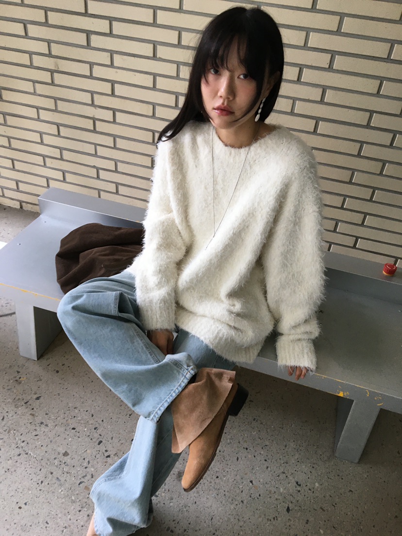 BAKING POWDER韓國代購26秋季寬松毛絨圓領針織毛衣落肩圓領寬BAKING POWDER毛衣