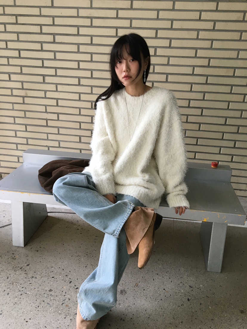 BAKING POWDER韓國代購26秋季寬松毛絨圓領針織毛衣落肩圓領寬BAKING POWDER毛衣
