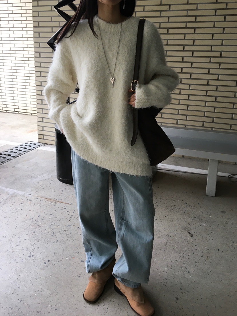 BAKING POWDER韓國代購26秋季寬松毛絨圓領針織毛衣落肩圓領寬BAKING POWDER毛衣