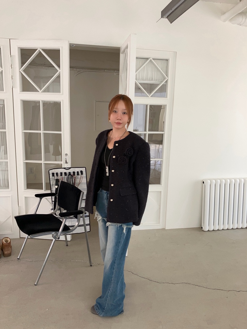 MADE-P韓國直郵26秋冬小香風立體花圓領夾克單排扣花朵圓領MADE-P夾克