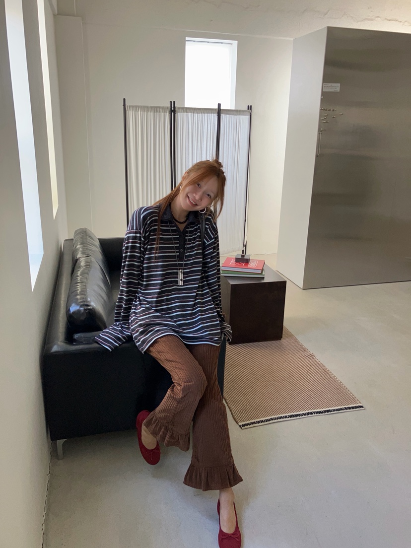 MADE-P韓國代購26秋季寬松落肩條紋翻領長袖T恤落肩寬松開襟紐MADE-P長袖T恤