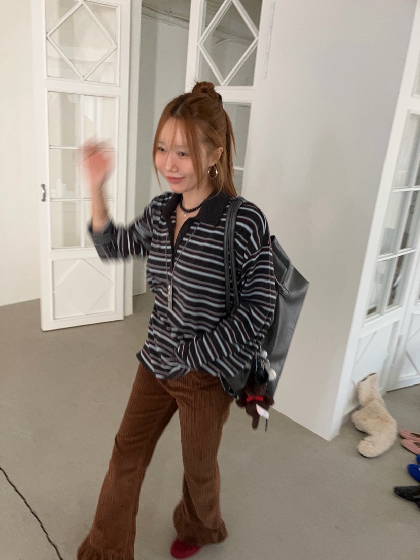 MADE-P韓國代購26秋季寬松落肩條紋翻領長袖T恤落肩寬松開襟紐MADE-P長袖T恤