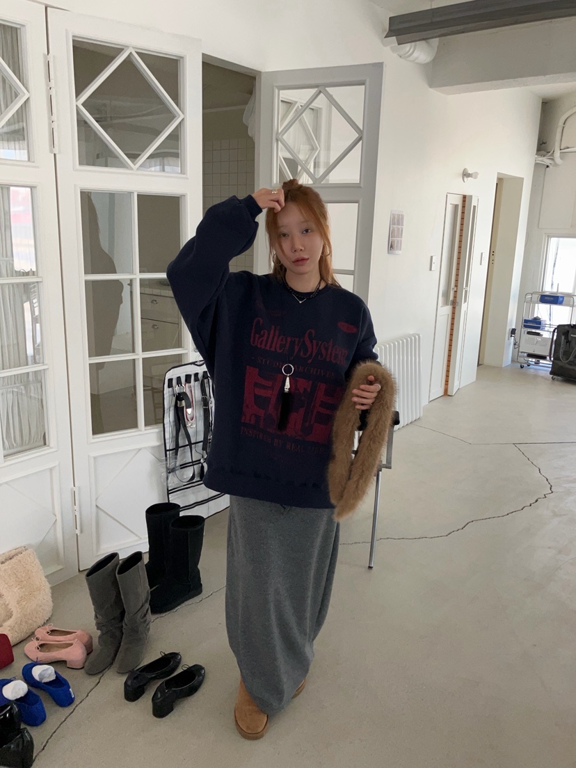 MADE-P東大門實拍26秋冬復古印花圓領落肩衛衣落肩MADE-P衛衣