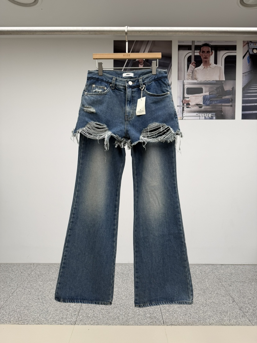 MADE-P東大門實拍26秋季破洞假兩件牛仔裙褲假兩件破洞做舊MADE-P裙褲圖色1