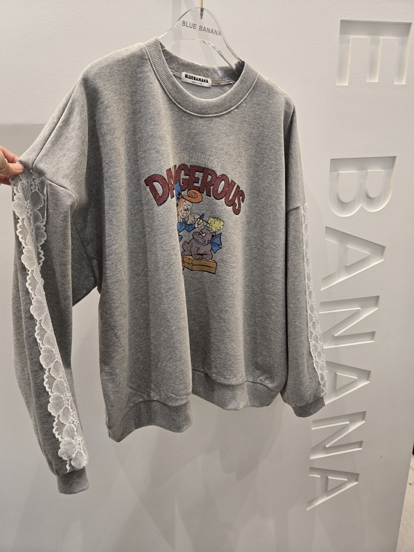 BLUE BANANA韓國代購26秋冬蕾絲拼接卡通印花衛衣拼接蕾絲花邊BLUE BANANA衛衣