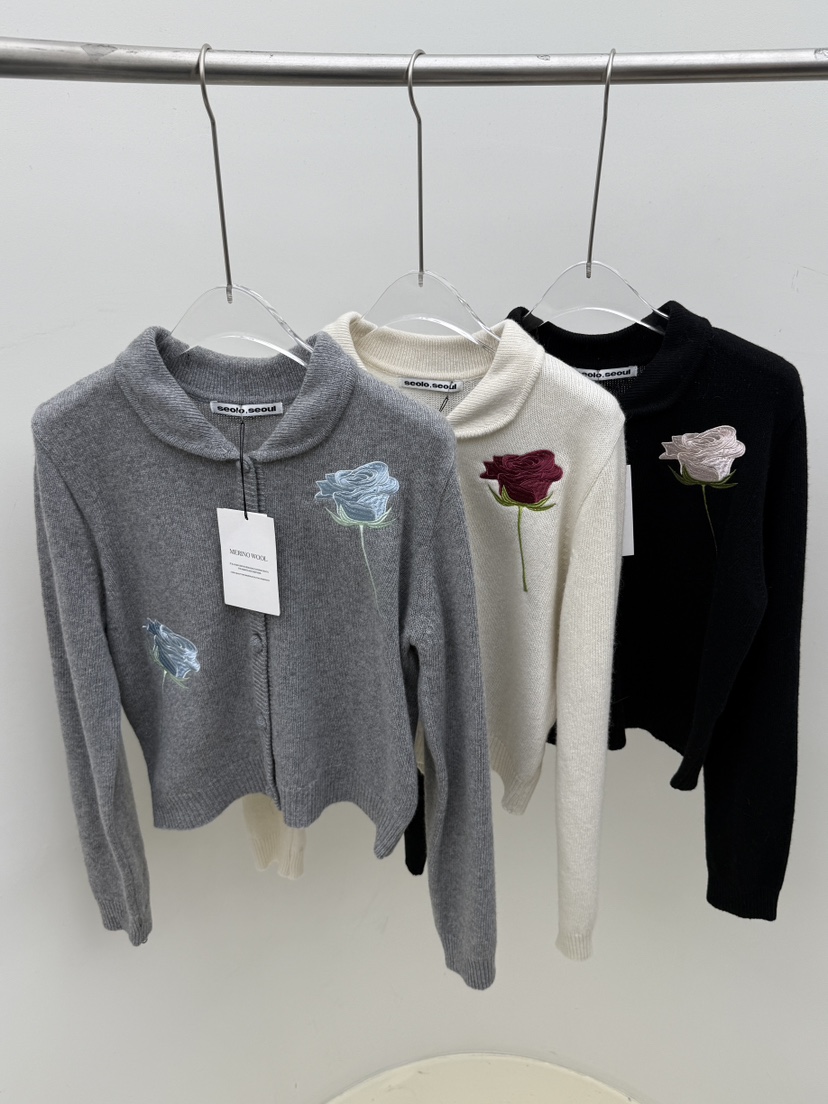 Seolo seoul東大門直郵26秋冬玫瑰刺繡翻領針織開衫針織衫單排Seolo seoul針織衫