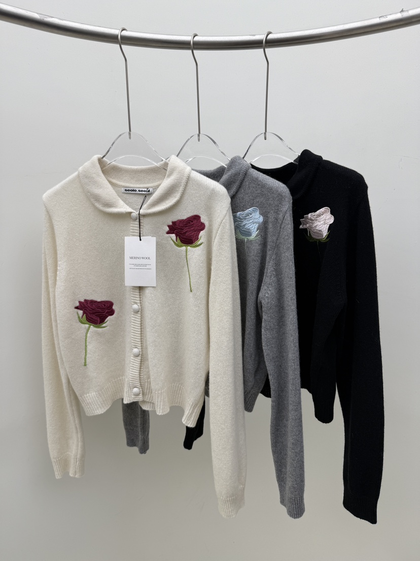 Seolo seoul東大門直郵26秋冬玫瑰刺繡翻領針織開衫針織衫單排Seolo seoul針織衫