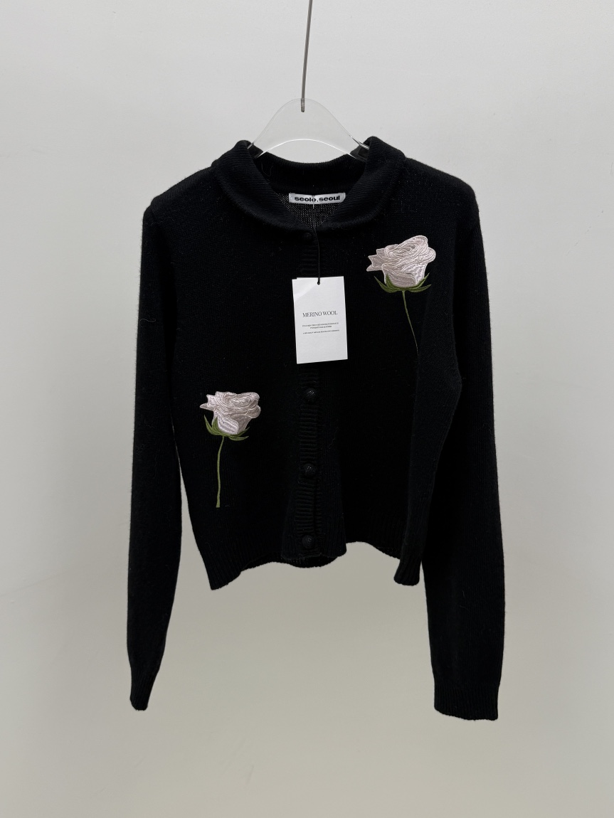 Seolo seoul東大門直郵26秋冬玫瑰刺繡翻領針織開衫針織衫單排Seolo seoul針織衫