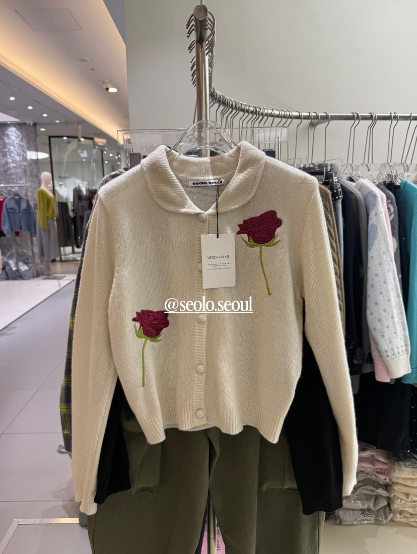 Seolo seoul東大門直郵26秋冬玫瑰刺繡翻領針織開衫針織衫單排Seolo seoul針織衫圖色3