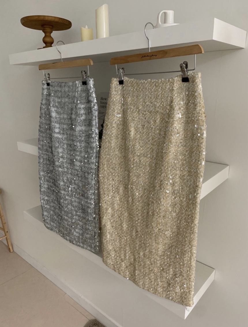 VERNI韓國代購26秋季亮片粗花呢直筒半身長裙粗花呢直筒修身VERNI長裙