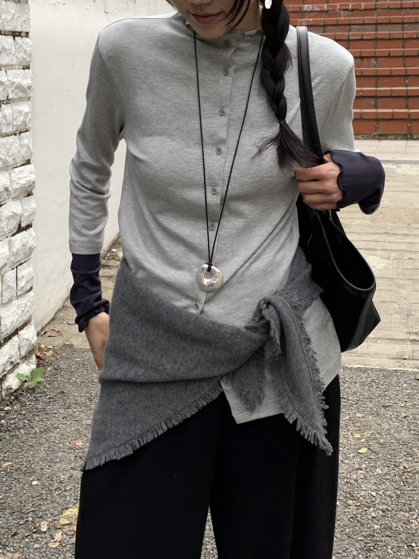 BAKING POWDER東大門直郵26秋季拼接袖排扣針織衫長袖T恤荷葉BAKING POWDER長袖T恤