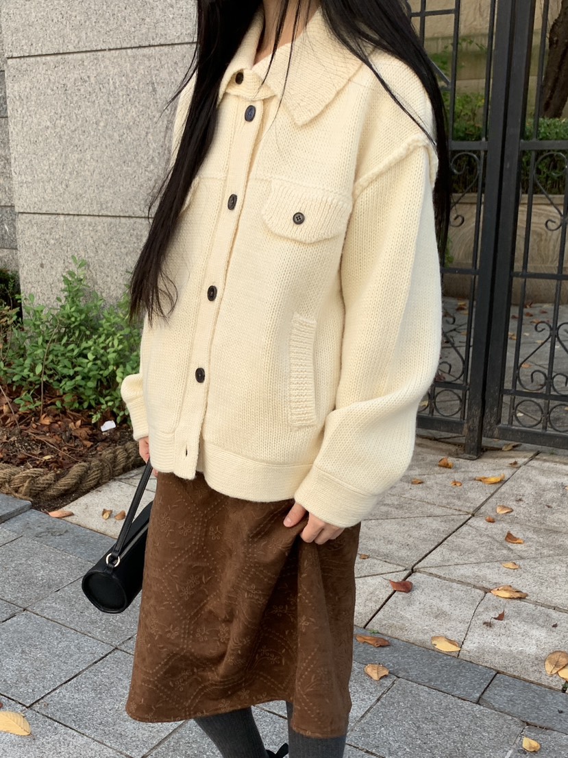 LO GARDEN韓國代購26秋冬翻領寬松針織開衫毛衣羊毛100單排扣LO GARDEN毛衣
