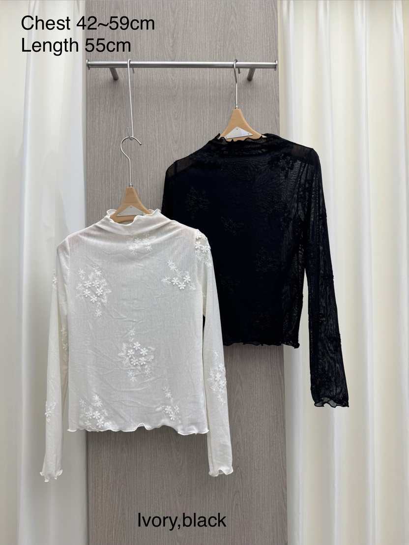 MARIGOLD韓國直郵26秋冬刺繡網紗打底衫長袖T恤木耳邊網眼刺繡MARIGOLD長袖T恤