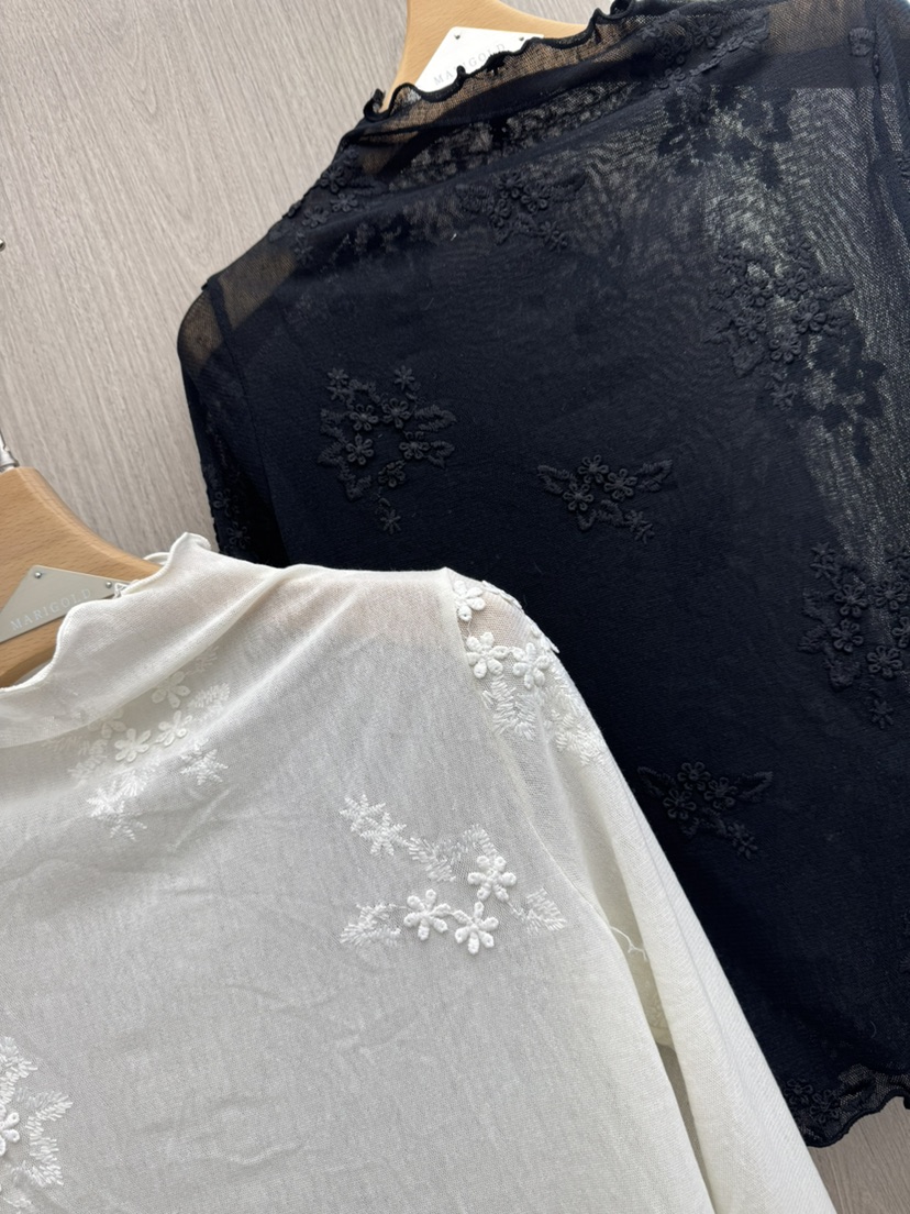 MARIGOLD韓國直郵26秋冬刺繡網紗打底衫長袖T恤木耳邊網眼刺繡MARIGOLD長袖T恤