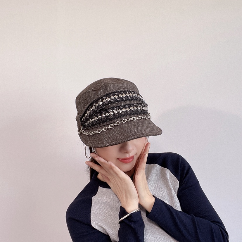 LOVELY HAT韓國直郵26秋冬個性鉚釘鏈條鴨嘴帽帽子LOVELY HAT帽子