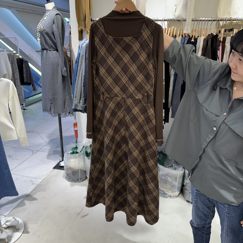 BIKINI東大門代購26秋季復古格紋背心連衣裙套裝系腰帶修身格BIKINI套裝