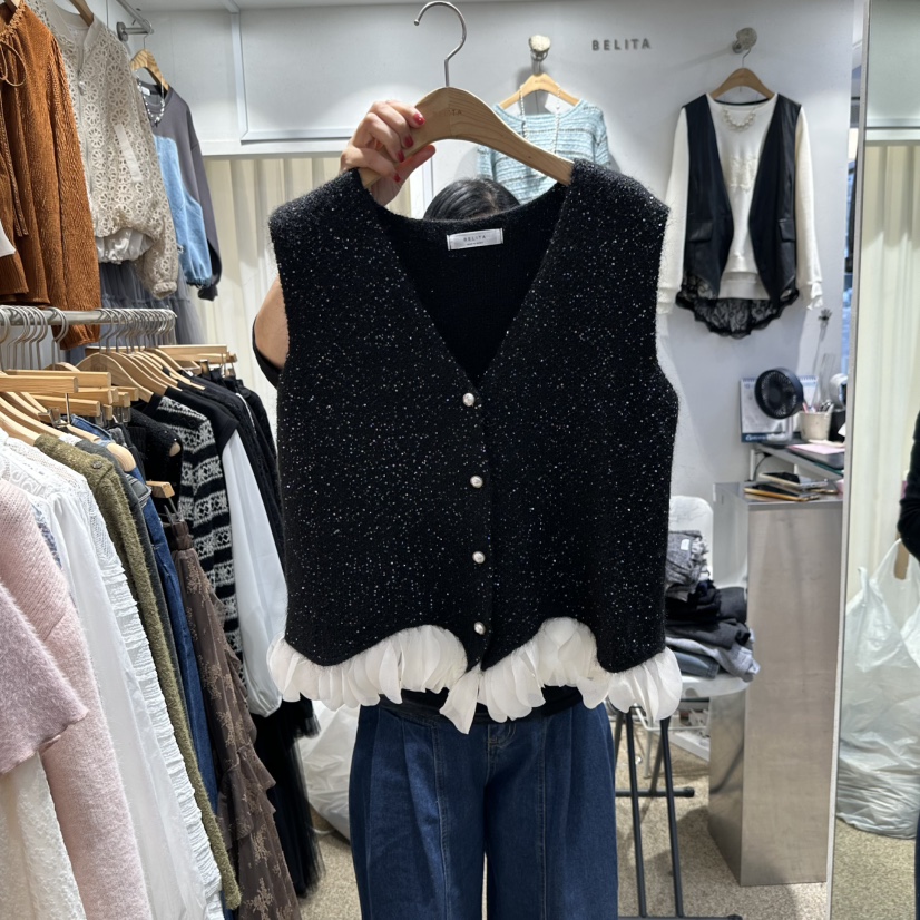 BELITA韓國直郵26秋冬V領亮片荷葉邊針織馬甲荷葉邊單排扣V領BELITA馬甲圖色2