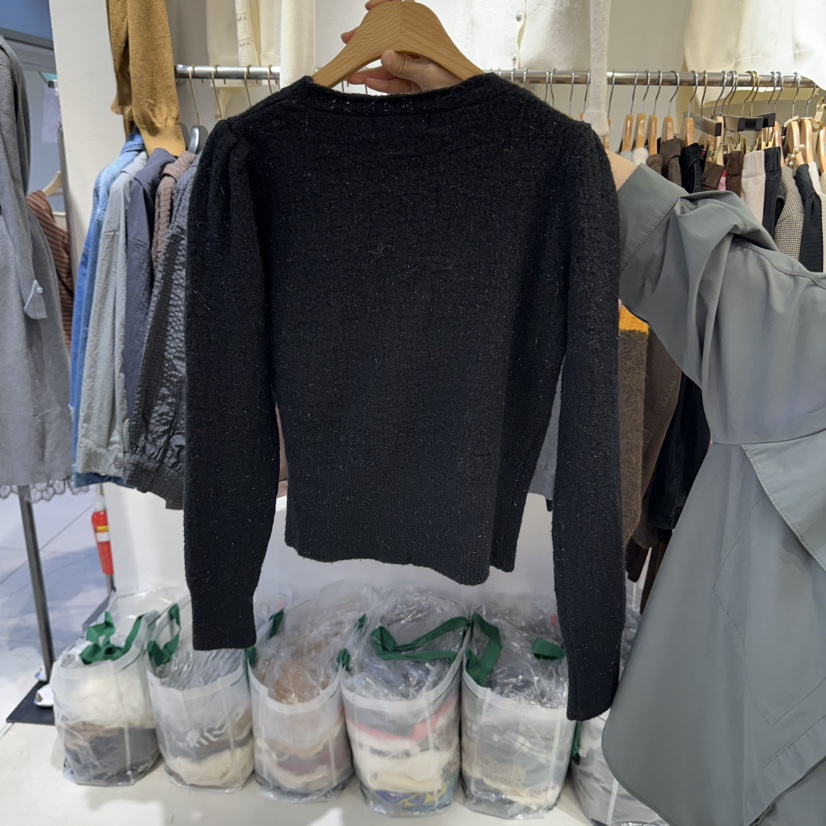 BIKINI東大門代購26秋季V領泡泡袖針織開衫泡泡袖V領珍珠紐扣BIKINI開衫