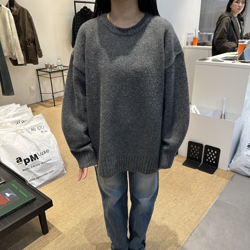 PAUSE韓國直郵26秋季圓領落肩低領套頭毛衣落肩圓領羅紋PAUSE毛衣圖色3墨色