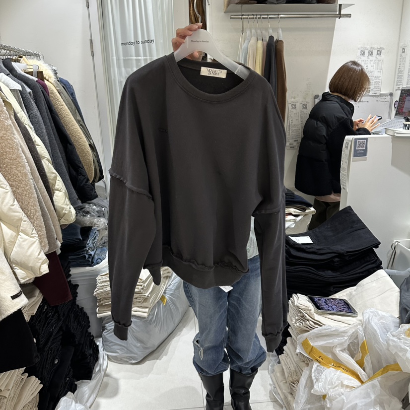 MONDAY TO SUNDAY東大門實拍26秋冬毛邊圓領衛衣落肩圓領開衩MONDAY TO SUNDAY衛衣圖色2