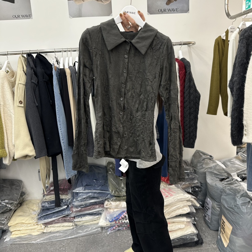 OURWAVE/OUR ROOM韓國代購26秋季褶皺翻領襯衫蕾絲衫修身褶皺OURWAVE/OUR ROOM襯衫/蕾絲衫圖色3墨綠