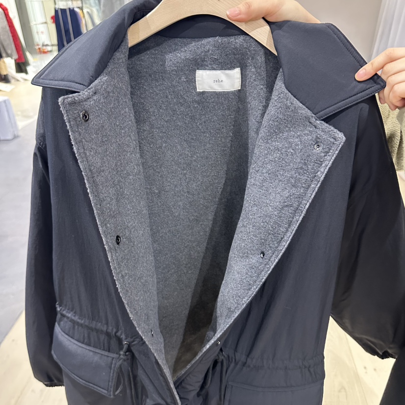 REHE韓國代購26秋季抽繩收腰短款棉服抽繩按扣翻領REHE短款棉服