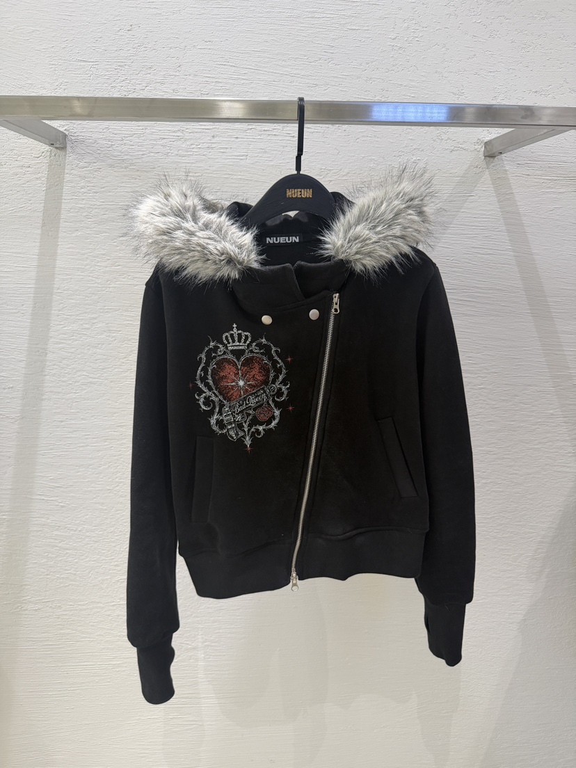 NUEUN/SEEOT東大門實拍26秋冬毛領斜拉鏈短款衛衣拉鏈開合狐貍NUEUN/SEEOT衛衣圖色2黑色