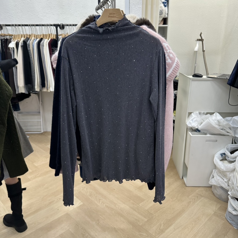 ABLESTUDIO東大門直郵26秋冬木耳邊燙鉆針織打底衫長袖T恤木耳ABLESTUDIO長袖T恤圖色3深灰色