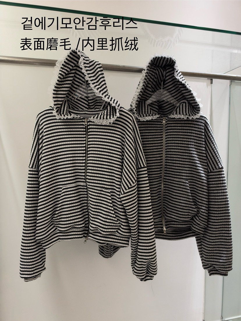 YES韓國直郵26秋季蕾絲花邊連帽短款衛衣蕾絲花連帽衫口袋小號YES衛衣