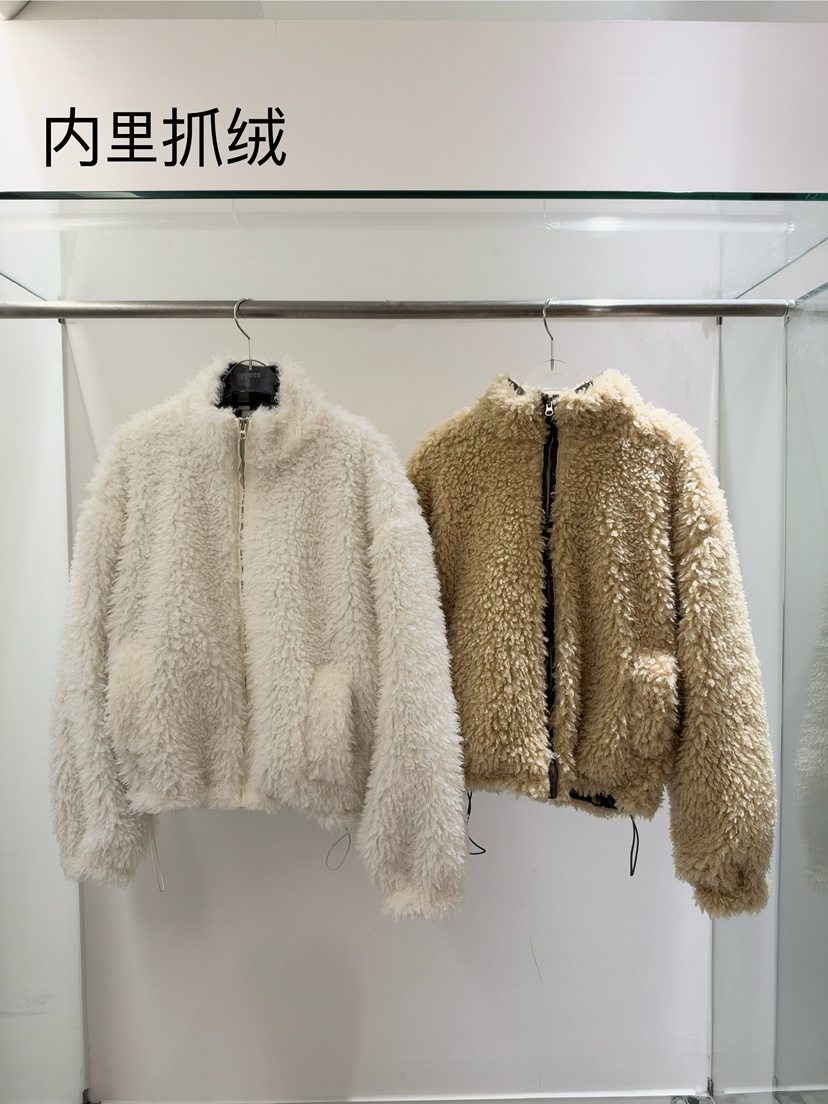 YES韓國代購26秋季立領抽繩短款毛絨外套短款棉服拉鏈開合口袋YES短款棉服