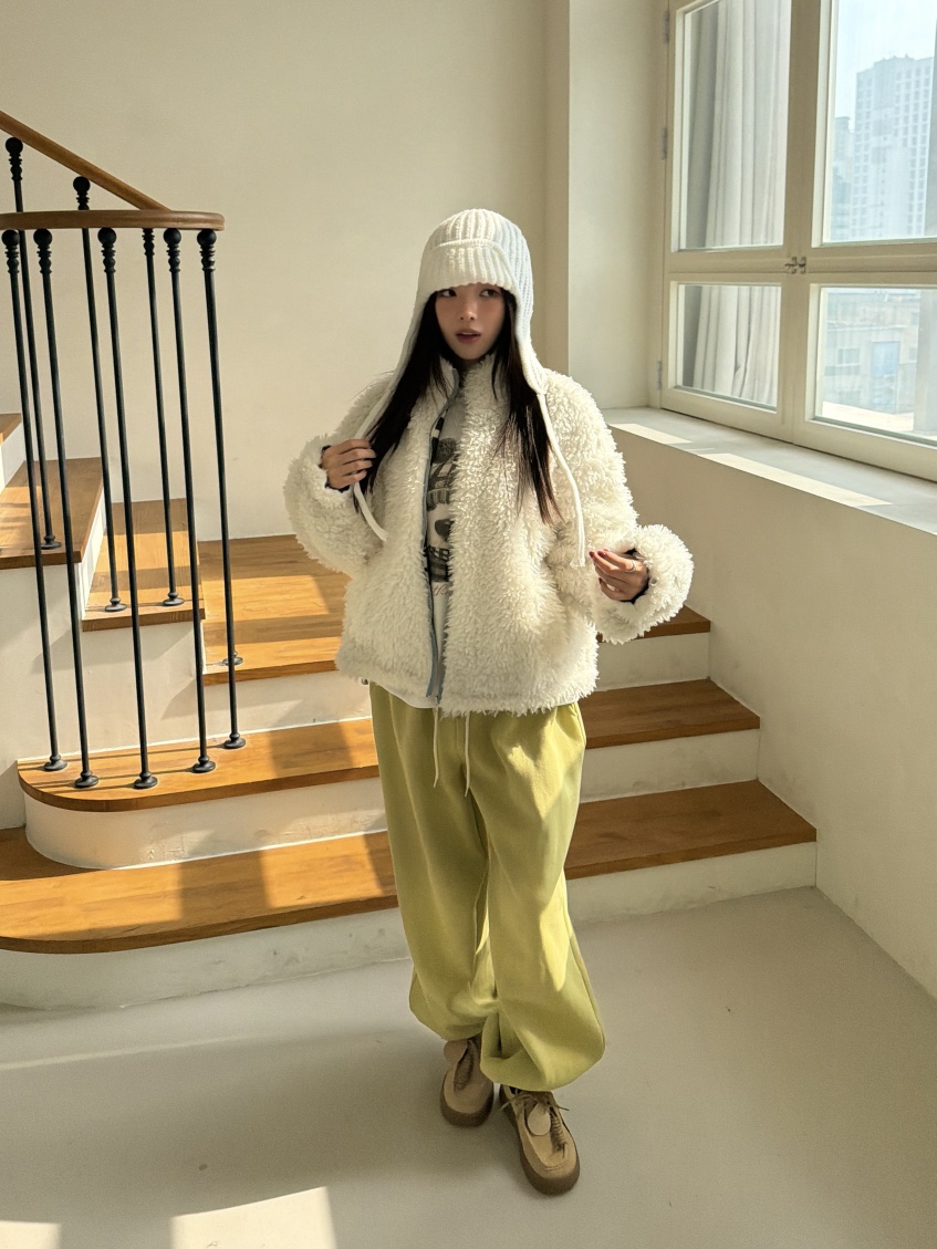 YES韓國代購26秋季立領抽繩短款毛絨外套短款棉服拉鏈開合口袋YES短款棉服
