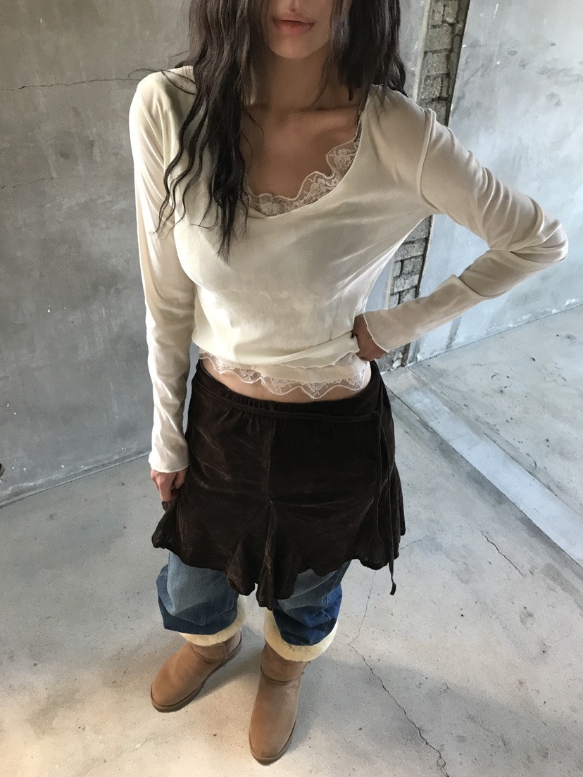 NAMED東大門實拍26秋冬蕾絲假兩件長袖T恤不含內搭木耳邊假兩NAMED長袖T恤