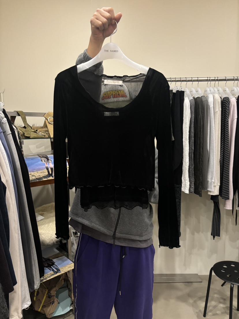 NAMED東大門實拍26秋冬蕾絲假兩件長袖T恤不含內搭木耳邊假兩NAMED長袖T恤圖色3黑色