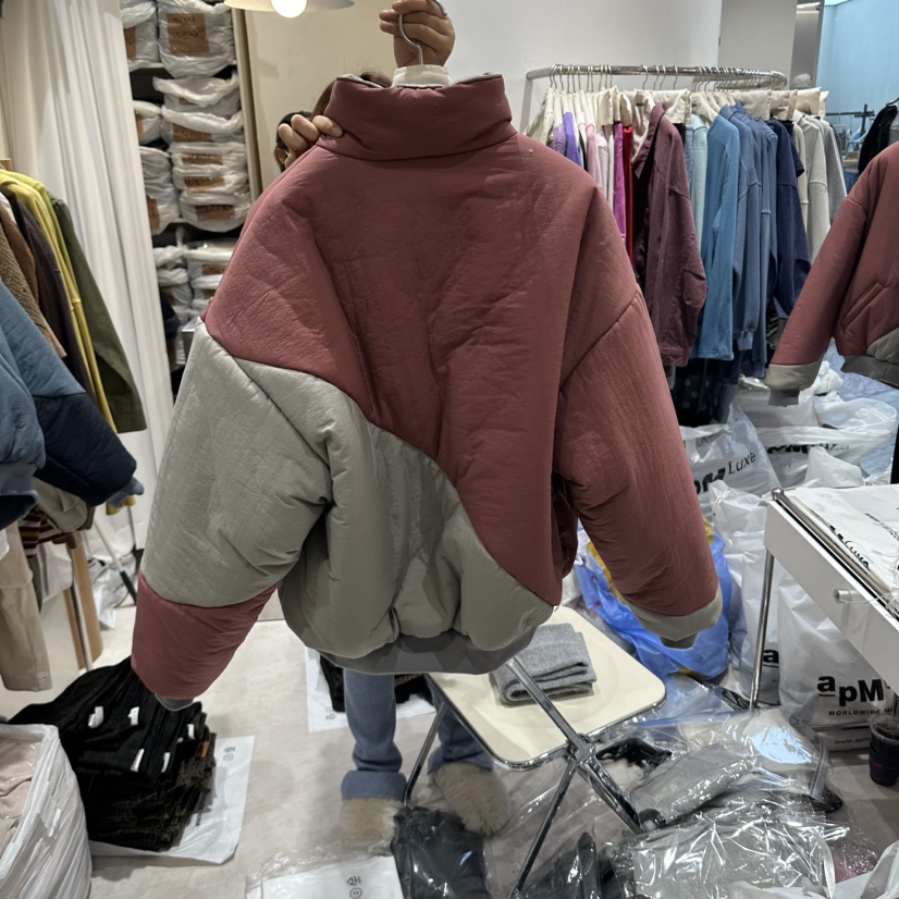MIENNE東大門代購26秋冬立領拼色短款棉服口袋立領拼色落肩寬MIENNE短款棉服
